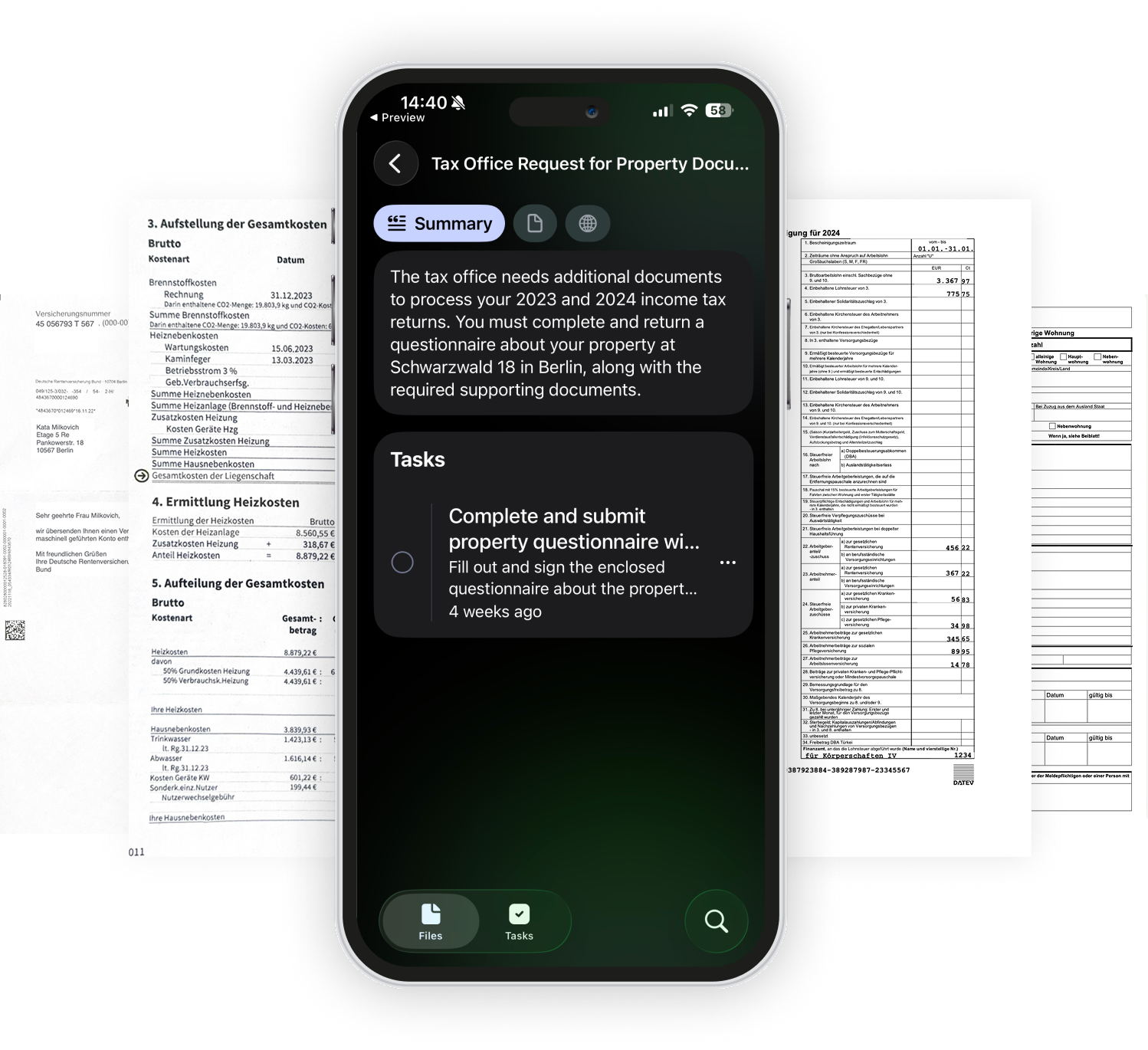 Foldy app showing document summary with AI-extracted key details